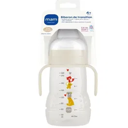 MAM Biberon de Transition +4 Mois Vert 220 ml avec Tétine et Bec Souple Antifuite et Anses Apprentissage - Dégagement Goutte
