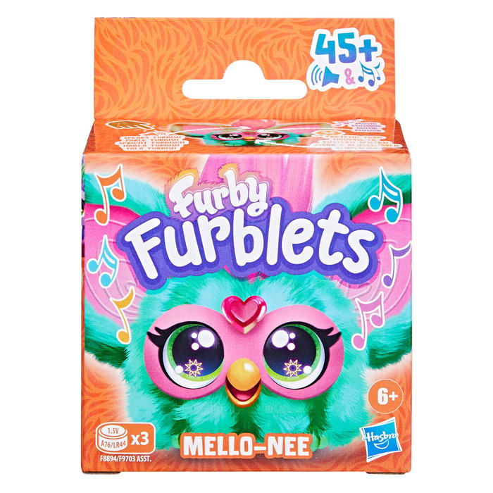 HASBRO Mini Furby Mello Nee Furblet - Peluche interactive 10 cm avec sons, musique et phrases en Furbish - Alimentation par pression sur le bec et oreilles pliables