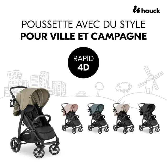 Hauck Rapid 4D Poussette tout-terrain noire - Pliage une main, 4 grandes roues, dossier réglable, guidon ajustable - Jusqu'à 22 kg