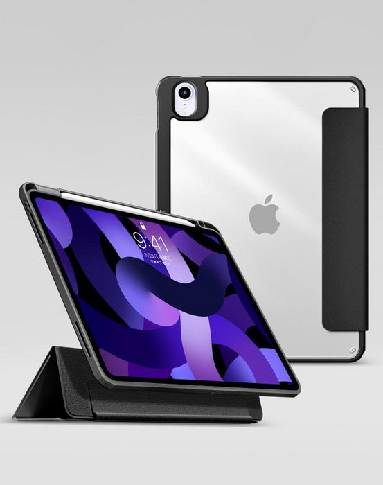 eSTUFF Coque détachable miroir BOSTON pour iPad Air 5/4 (10,9 pouces) - Protection Apple Pencil, fonction réveil/veille - Noir/Transparent