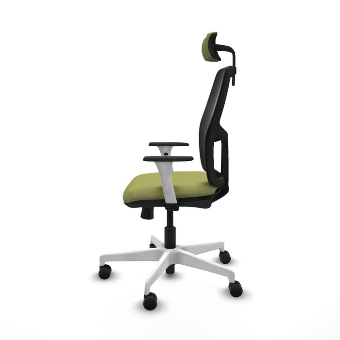 Chaise Alfera Synchrone/Traslack Maille/tissu Vert olive Maille Noir Structure polyamide blanc Accoudoirs noirs et blancs Appui-tête 2D Roulettes 65mm nylon