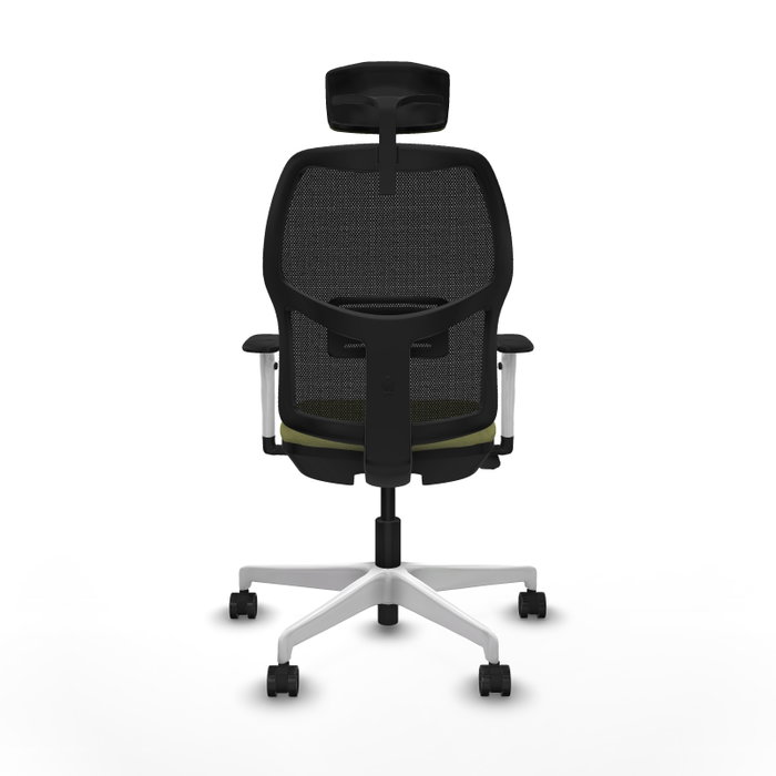 Chaise Alfera Synchrone/Traslack Maille/tissu Vert olive Maille Noir Structure polyamide blanc Accoudoirs noirs et blancs Appui-tête 2D Roulettes 65mm nylon