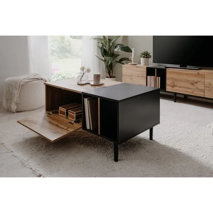 Table basse LONA rectangulaire en chêne artisan et noir - 100 x 46.5 x 55 cm avec niches de rangement