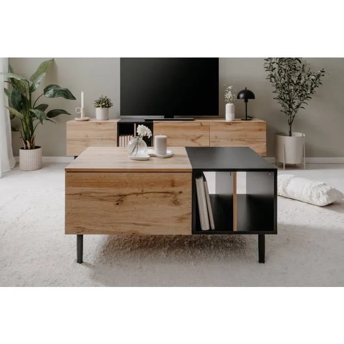 Table basse LONA rectangulaire en chêne artisan et noir - 100 x 46.5 x 55 cm avec niches de rangement