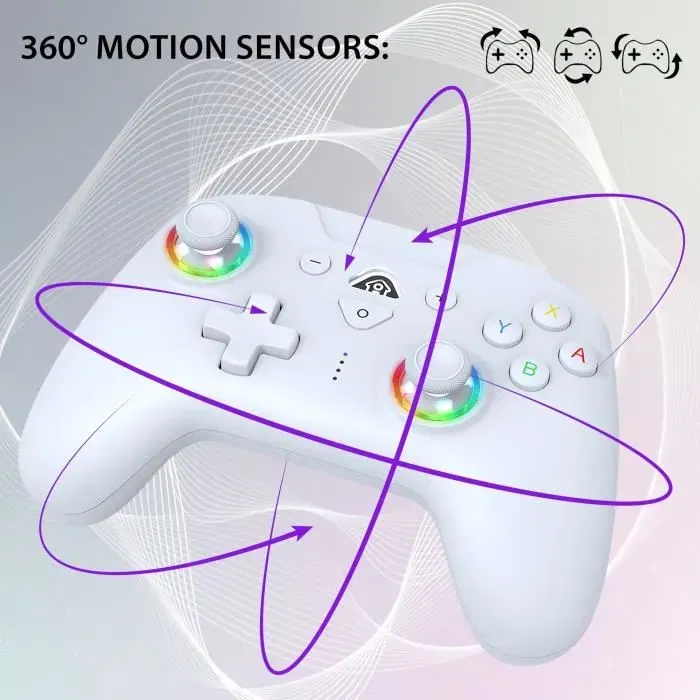 Subsonic Manette sans fil Switch et Switch 2, Bluetooth, avec gyroscope, vibrations, LEDs programmables et boutons arrière M1/M2 pour Nintendo Switch, autonomie 10h, blanc