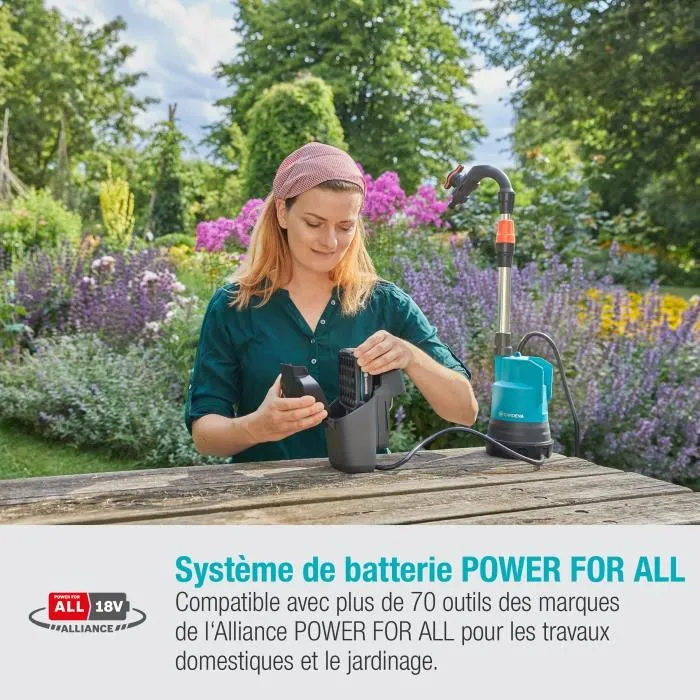 Gardena Pompe Immergée 2000/2 18V P4A - Batterie 2.5Ah - Débit 2000 l/h - Hauteur 20m - Pour Collecteur d'Eau de Pluie