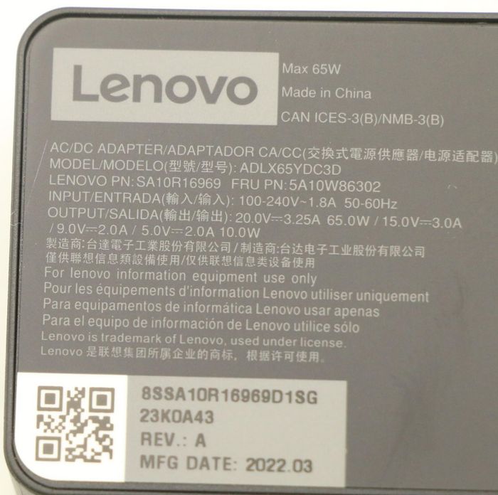 Lenovo - Adaptateur secteur AC 65W avec Power Delivery (PD) - Sortie ajustable 20V/15V/9V/5V - Compatible appareils Lenovo Lenovo - Adaptateur secteur AC 65W avec Power Delivery (PD) - Sortie ajustable 20V/15V/9V/5V - Compatible appareils Lenovo