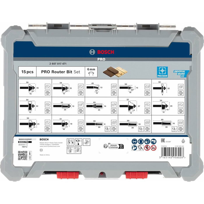 Bosch Professional Coffret de 15 fraises mixtes à queue de 6 mm