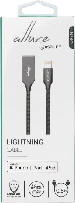 eSTUFF Câble Lightning MFI 0,5 mètres Gris Métallisé - Charge et Synchronisation Ultra Résistant avec Gaine Métallique Anti-Nœuds - Série Allure eSTUFF Câble Lightning MFI 0,5 mètres Gris Métallisé - Charge et Synchronisation Ultra Résistant avec Gaine Métallique Anti-Nœuds - Série Allure