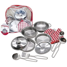 Tachan - Sac à dos transparent avec set de cuisine jouet en acier 11 pièces - Casseroles, poêles, écumoire, gant - À partir de 3 ans