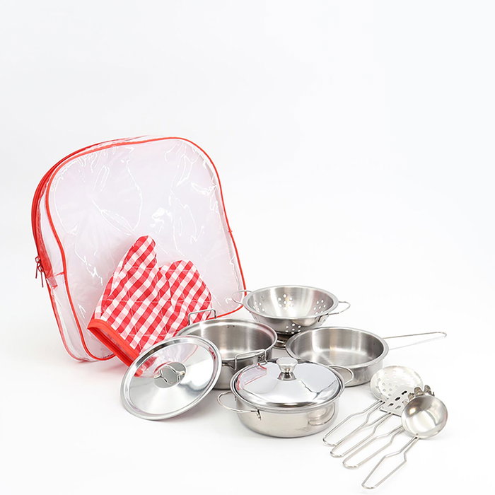 Tachan - Sac à dos transparent avec set de cuisine jouet en acier 11 pièces - Casseroles, poêles, écumoire, gant - À partir de 3 ans Tachan - Sac à dos transparent avec set de cuisine jouet en acier 11 pièces - Casseroles, poêles, écumoire, gant - À partir de 3 ans