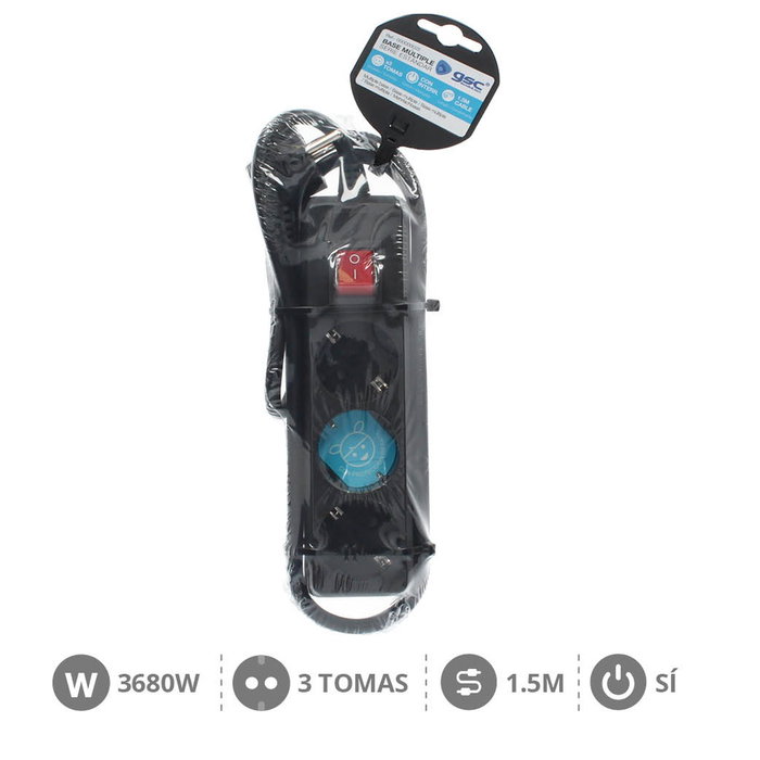 GSC Evolution Multiprise série Standard 3T avec interrupteur, 3 prises, 1,5 m, Noir