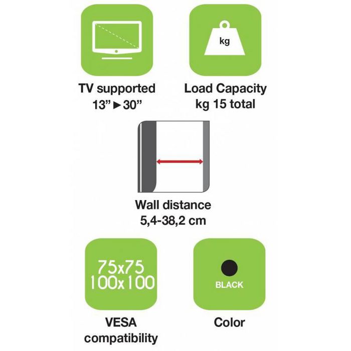 Techly Support mural universel pour TV LED LCD 13-30" - Articulation complète, inclinaison +/-15°, rotation 180°/360°, noir - 15 kg max