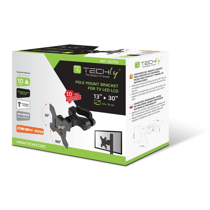 Techly Bras de support de moniteur ou TV pour poteaux 28-60 mm, compatible VESA 75x75/100x100, 13 à 30 pouces, jusqu'à 10 kg