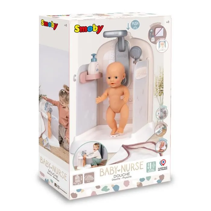 Smoby Baby Nurse - Douche pour poupon avec cape de bain, pousse-mousse et douchette amovible - Fonctionnelle, pour poupons jusqu'à 40 cm