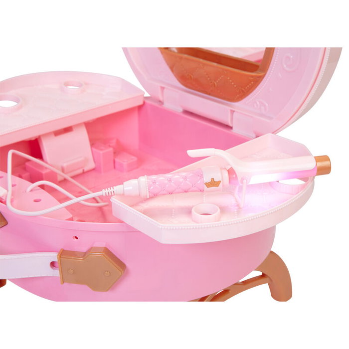 JAKKS PACIFIC - Set de coiffure de voyage Princesses Disney, avec miroir, lisseur, boucleur, sèche-cheveux, brosse et accessoires, sur piles