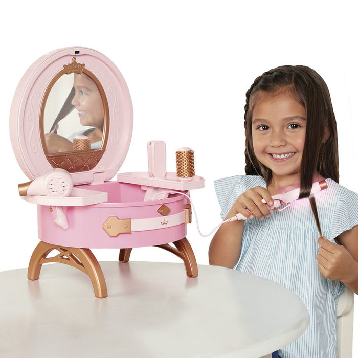 JAKKS PACIFIC - Set de coiffure de voyage Princesses Disney, avec miroir, lisseur, boucleur, sèche-cheveux, brosse et accessoires, sur piles