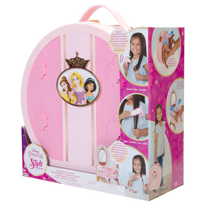 JAKKS PACIFIC - Set de coiffure de voyage Princesses Disney, avec miroir, lisseur, boucleur, sèche-cheveux, brosse et accessoires, sur piles