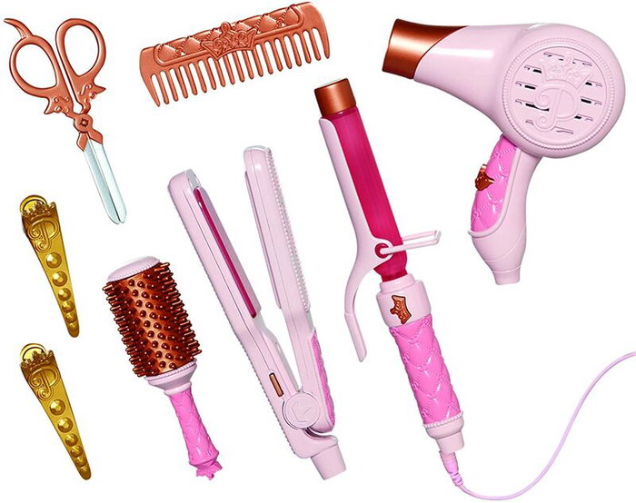 JAKKS PACIFIC - Set de coiffure de voyage Princesses Disney, avec miroir, lisseur, boucleur, sèche-cheveux, brosse et accessoires, sur piles