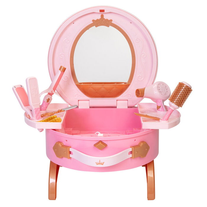 JAKKS PACIFIC - Set de coiffure de voyage Princesses Disney, avec miroir, lisseur, boucleur, sèche-cheveux, brosse et accessoires, sur piles