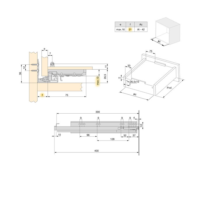 Emuca Jeu de coulisses invisibles pour tiroir Silver, à sortie totale, avec fermeture amortie et loqueteau, profondeur 390mm, Acier, Zingué