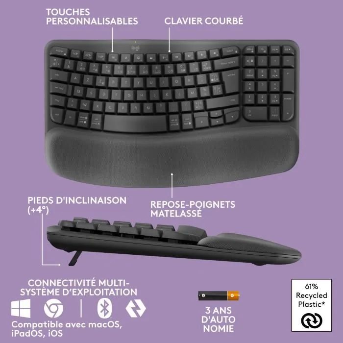 Logitech Wave Keys - Clavier ergonomique sans fil AZERTY avec repose-poignets - Confort et position naturelle pour la frappe