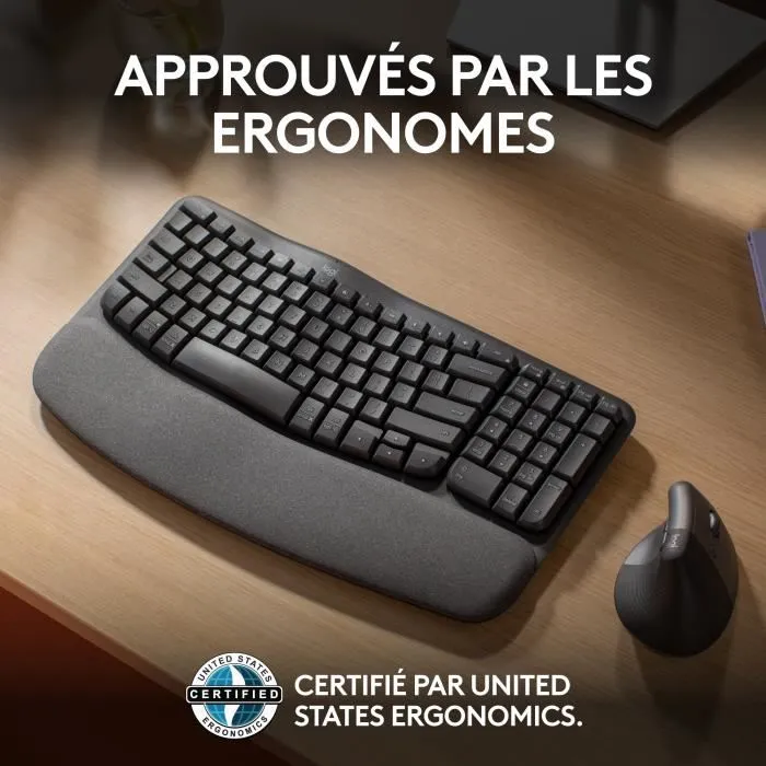Logitech Wave Keys - Clavier ergonomique sans fil AZERTY avec repose-poignets - Confort et position naturelle pour la frappe