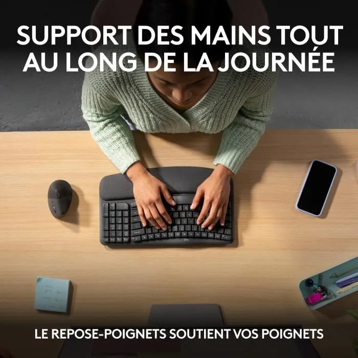 Logitech Wave Keys - Clavier ergonomique sans fil AZERTY avec repose-poignets - Confort et position naturelle pour la frappe