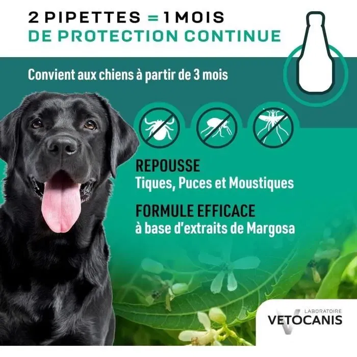 Vetocanis Pipette Anti-Puces, Tiques et Moustiques pour Grand Chien - Répulsif à l'Extrait de Margosa d'Origine Végétale - Protection 1 Mois