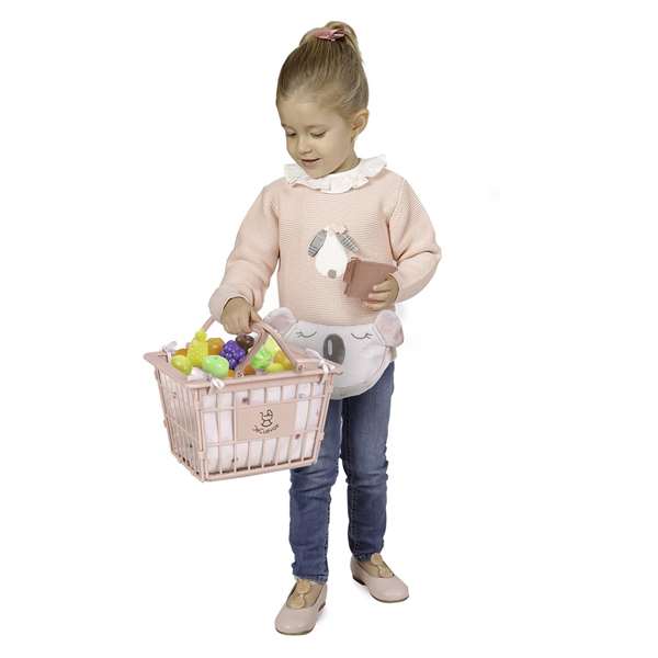 Decuevas - Chariot de supermarché jouet porteur avec porte-bébé koala et set de 12 fruits pour poupées jusqu'à 50 cm