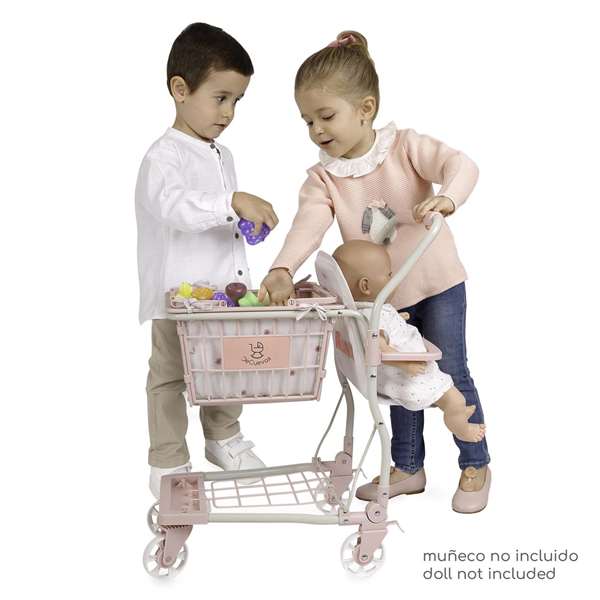 Decuevas - Chariot de supermarché jouet porteur avec porte-bébé koala et set de 12 fruits pour poupées jusqu'à 50 cm