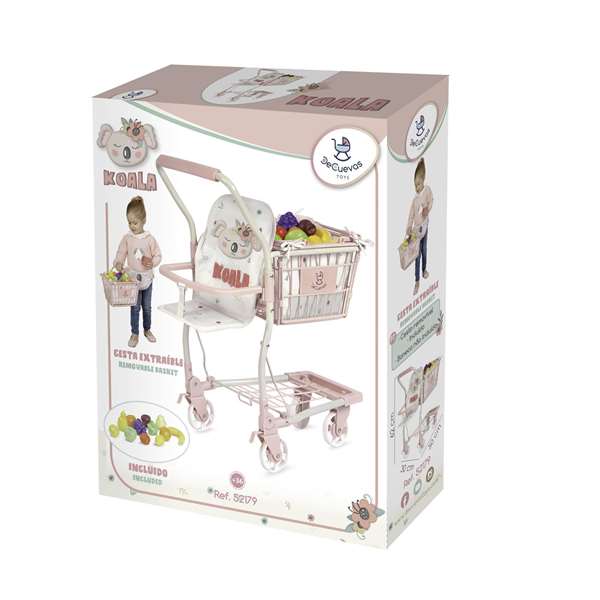Decuevas - Chariot de supermarché jouet porteur avec porte-bébé koala et set de 12 fruits pour poupées jusqu'à 50 cm