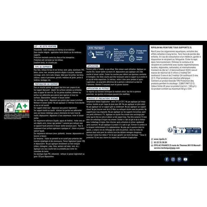 Ripolin Peinture multi-supports Noir RAL 9005 Mat 2 L - Application directe sur bois, fer, béton - Résiste aux UV et intempéries