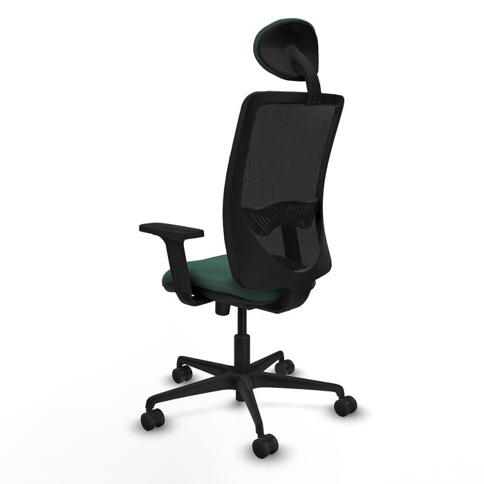 Chaise Zulema Synchro 3 positions tissu Vert foncé Maille Noir Base en nylon noir Accoudoir 2D Appui-tête Roulettes 65mm nylon