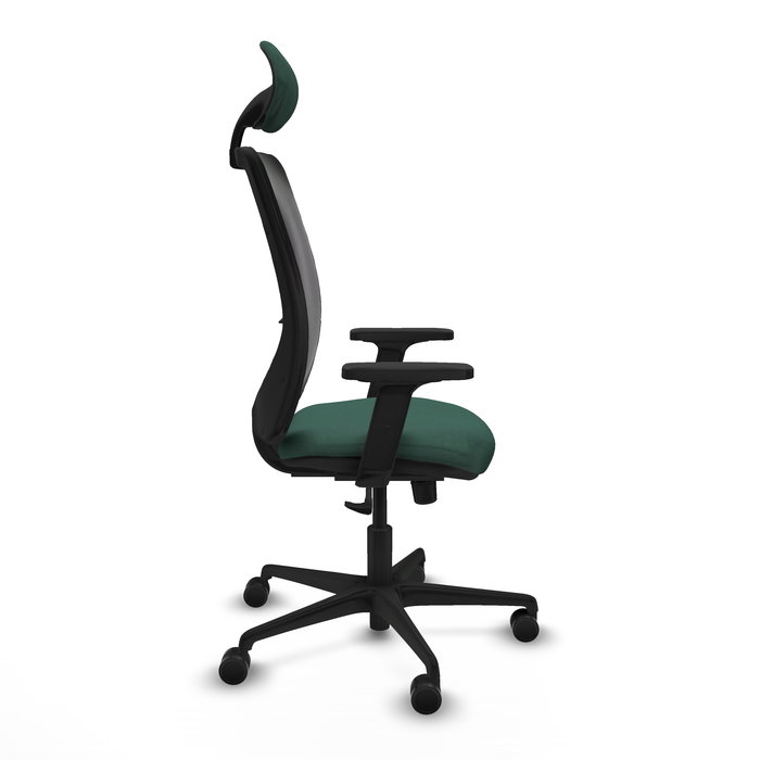 Chaise Zulema Synchro 3 positions tissu Vert foncé Maille Noir Base en nylon noir Accoudoir 2D Appui-tête Roulettes 65mm nylon