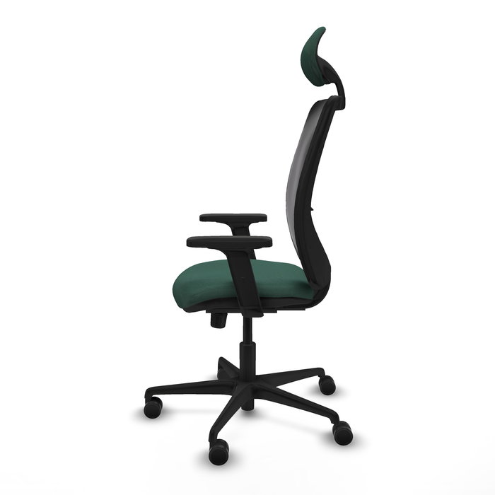 Chaise Zulema Synchro 3 positions tissu Vert foncé Maille Noir Base en nylon noir Accoudoir 2D Appui-tête Roulettes 65mm nylon