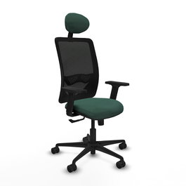 Chaise Zulema Synchro 3 positions tissu Vert foncé Maille Noir Base en nylon noir Accoudoir 2D Appui-tête Roulettes 65mm nylon