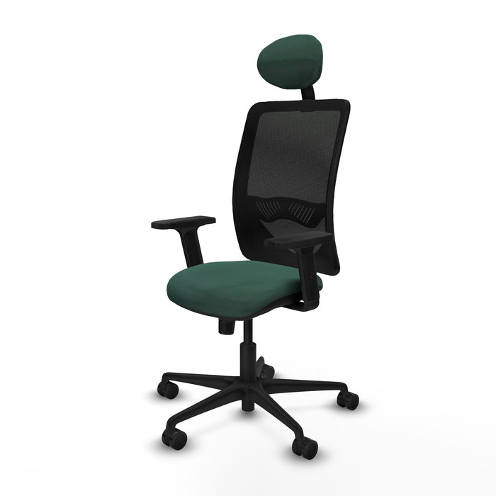 Chaise Zulema Synchro 3 positions tissu Vert foncé Maille Noir Base en nylon noir Accoudoir 2D Appui-tête Roulettes 65mm nylon
