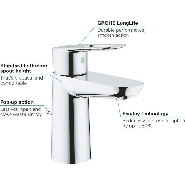 GROHE Mitigeur de lavabo monocommande Bauloop S (Réf. 23335000) - Chrome, bec fixe, cartouche céramique 28 mm, système d'économie d'eau