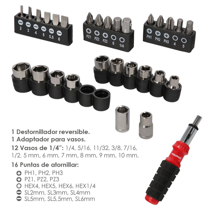 WOLFPACK LINEA PROFESIONAL Jeu de tournevis à cliquet 29 pièces WOLFPACK LINEA PROFESIONAL Jeu de tournevis à cliquet 29 pièces