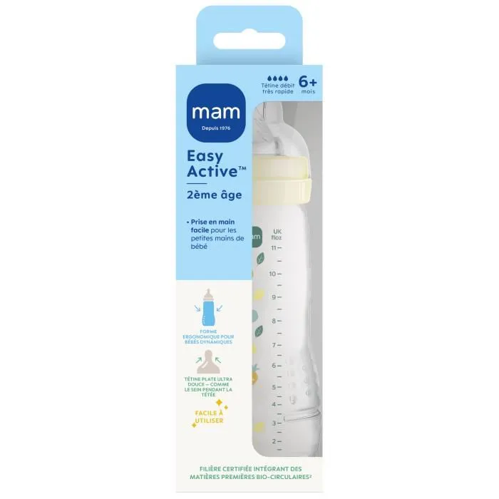 MAM Baby Easy Active Biberon 2eme Âge +6 mois 330 ml - Tétine Débit X - Perle - Biocirculaire MAM Baby Easy Active Biberon 2eme Âge +6 mois 330 ml - Tétine Débit X - Perle - Biocirculaire