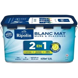 Ripolin - Peinture 2 en 1 murs et plafonds avec sous-couche intégrée, finition blanc mat, pour un résultat rapide - 2,5 litres