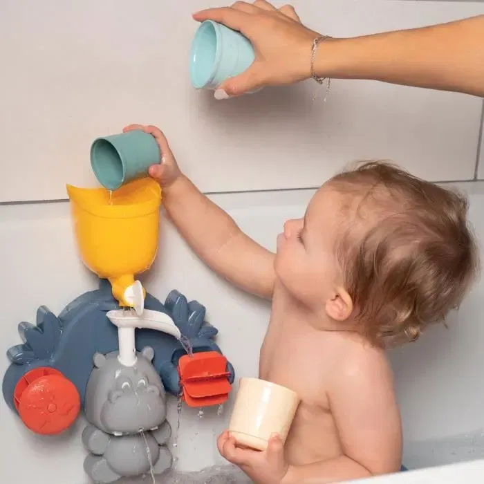Smoby Jouet de bain Little Smoby Hippo avec toboggan réglable et roues à eau pour bébé dès 18 mois - Bleu et vert