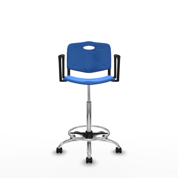 Tabouret Taburete Robledo Pivotant Chlorure de polyvinyle Bleu Structure chromée Accoudoirs fixes Sans appui-tête Roulettes en nylon 50 mm