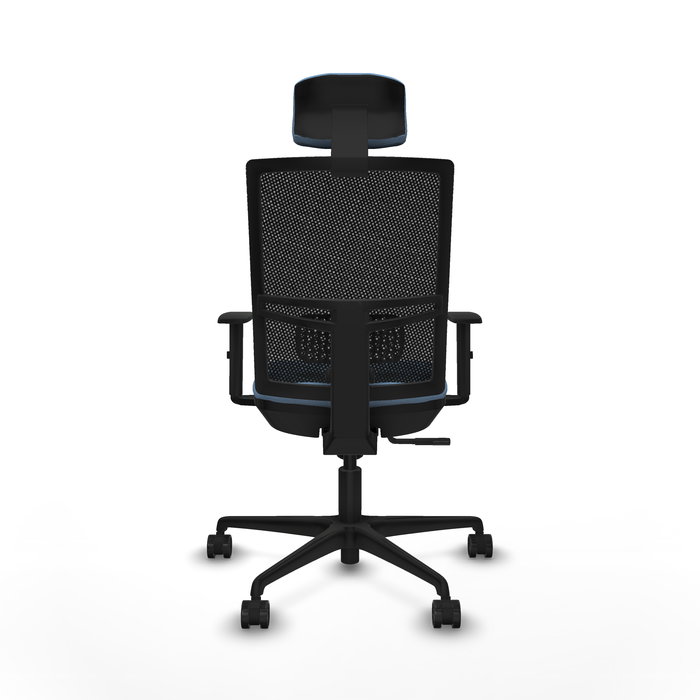 Chaise Yunquera Synchro 4 positions tissu Bleu ciel Maille Noir Base en nylon noir Accoudoir 1D Appui-tête 1D Roulettes 65mm nylon