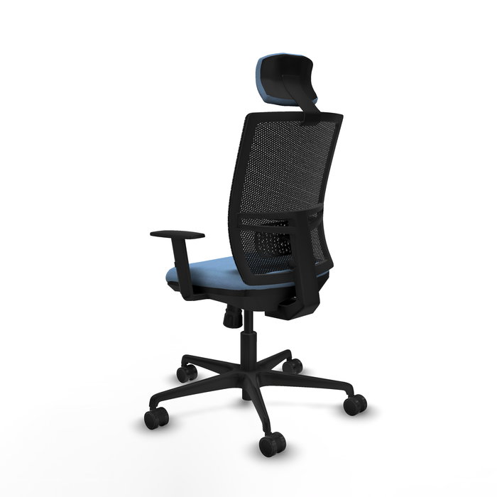Chaise Yunquera Synchro 4 positions tissu Bleu ciel Maille Noir Base en nylon noir Accoudoir 1D Appui-tête 1D Roulettes 65mm nylon