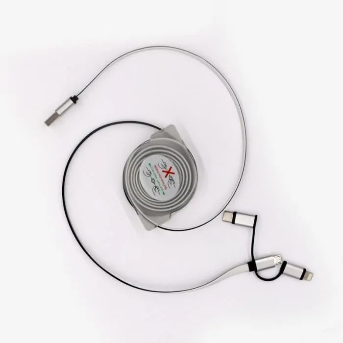 Gao - Enrouleur câble USB 3-en-1 2m Micro USB / Lightning / Type-C, charge rapide, câble plat durable 114 brins