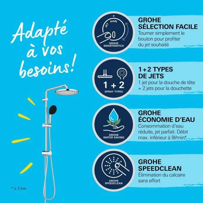 GROHE Colonne de douche avec inverseur manuel Vitalio Start System 250 26680001, Douchette 11cm et Tête de douche 25cm 2 jets, Flexible 1.25m, Chromé, Économie d'eau