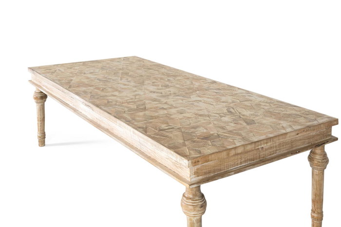 GINER Y COLOMER Table de Salle à Manger en Bois de Manguier Massif 200 cm - Dessus à Motifs Géométriques Sculptés avec Finition Patinée Blanche - Style Rustique et Vintage