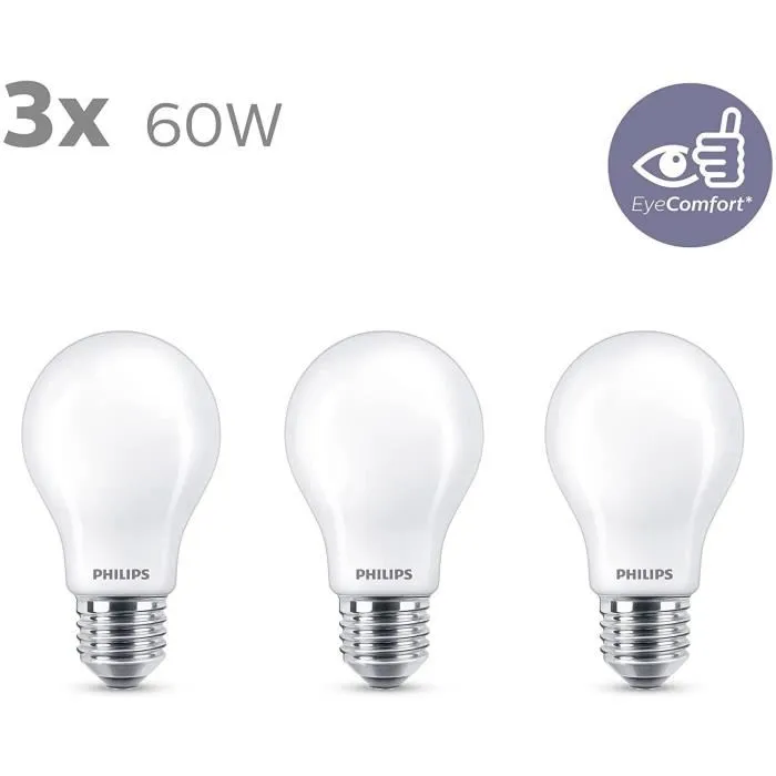Philips Lot de 3 Ampoules LED E27 A60 7W 806Lm 2700K PH-8719514266759